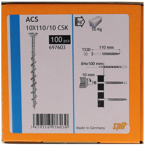 SPIT Paslode Vis Béton Vis à Béton Cellulaire Avec Tête Fraisée Spit ACS CSK - 4 X 110 Mm 1 SPIT Paslode Vis Béton Vis à Béton Cellulaire Avec Tête Fraisée Spit ACS CSK - 4 X 110 Mm